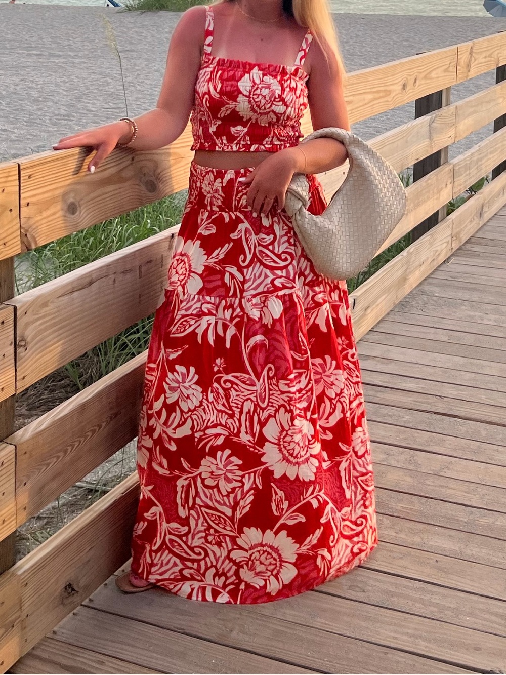 Red Floral Maxi Dress with Square Neck Set